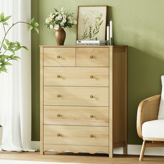 LAZZO 6 Drawer Dresser for Bedroom Wooden Farmhouse Chest of Drawers with Vintage Grain Texture
