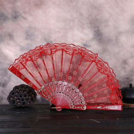 

NIUREDLTD 2PCBest Chinese Style Dance Wedding Party Lace Silk Folding Hand Held Flower Fan