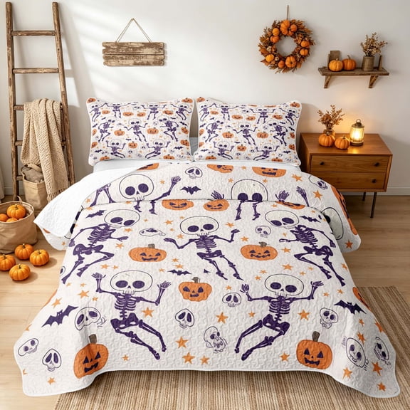 Erosebridal Happy Halloween Skeleton Twin Quilt Set, Cartoon Bat Twin Coverlet Set for Boys Girls, White Orange Purple, 2 Pieces 1 Bedspread and 1 Pillowcase