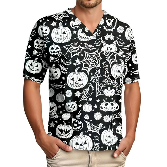 Domuza Scrub Top Men Halloween Horror Funny Print V-Neck Short Sleeve Nursing Shirt Trendy Soft Comfy Medical Workwear with 3 Pockets Black S