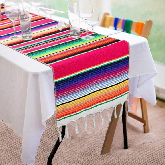 Mexican Striped Fringe Cotton Table Runner Colorful Cinco De Mayo Pinata Party Serape Mexican Tablecloth Decorations Striped Caminosde Mesa with Tassel Hand Woven Blanket Home Wedding Table Cover