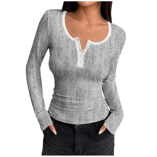 HongQid Women's Long Sleeve Shirts Casual Fall Henley Top Button Down Blouses Basic Ribbed Knit T Shirts