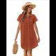 thumbnail image 3 of Vestido Camisero Informal de Verano para Mujer, de Algodón y , con Escote en V, Botones, Corta y Cintura Holgada, Color Naranja y Rojo Talla M, 3 of 7