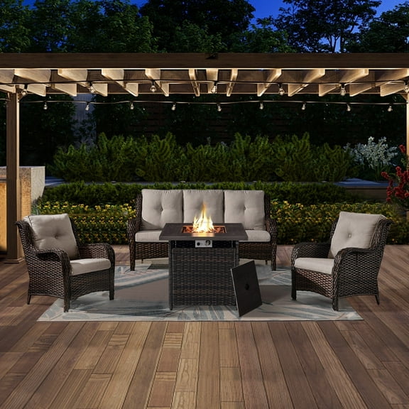 POCASSY Outdoor 4PCS Patio Furniture Set with Fire Pit 50000BTU Propane Firepit Table Patio Couch Furniture Set, Ideal for Backyard Porch, Brown Wicker/Beige Cushion