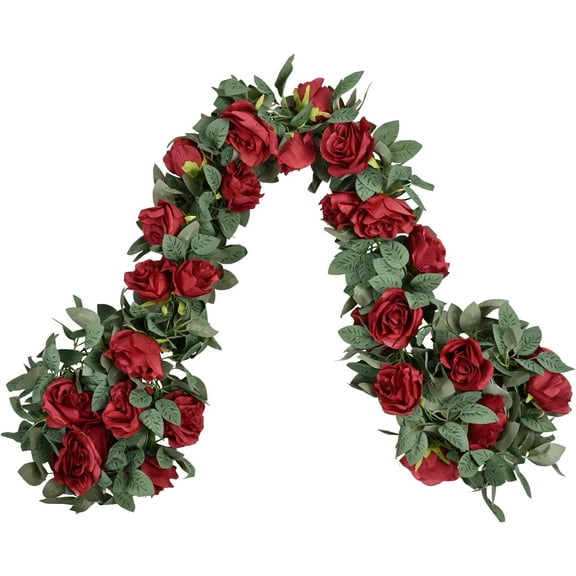 3.Ft Artificial Red Rose Garland, Fake Rose Vine Floral Garland, Red Rose Flower Garland, Silk Hanging Rose Flower Vines for Wedding Party Garden Home Table Wall Decor