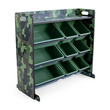 Humble Crew Hunter Toy Storage Organizer with Shelf and 9 Plastic Storage Bins, Army Green Camo