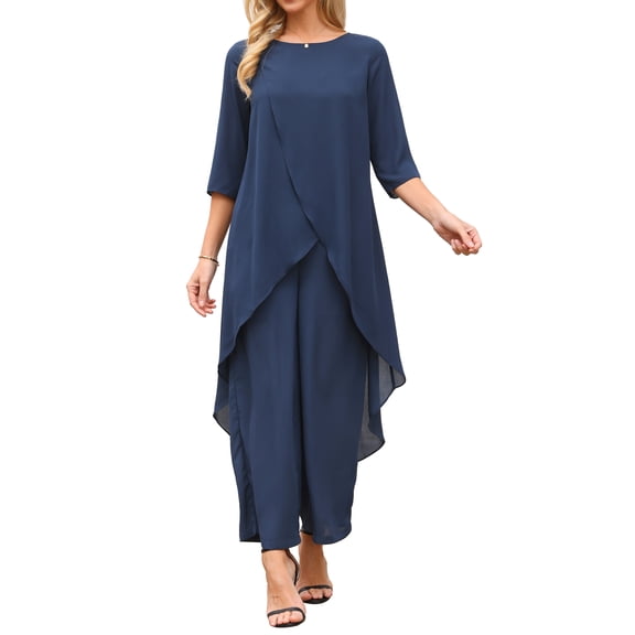 DARING DIVA Women's 2 Piece Chiffon Sets Dressy Pantsuit High Low Top Outfit S Dark Blue