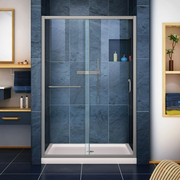 Infinity Z 36 In D X 48 W 74 3 4 H Clear Sliding Shower Door Brushed Nickel And Center Drain Biscuit Base Com Center Drain Biscuit Base, Dreamline Infinity Z 44 To 48 Inch Frameless Sliding Shower Door