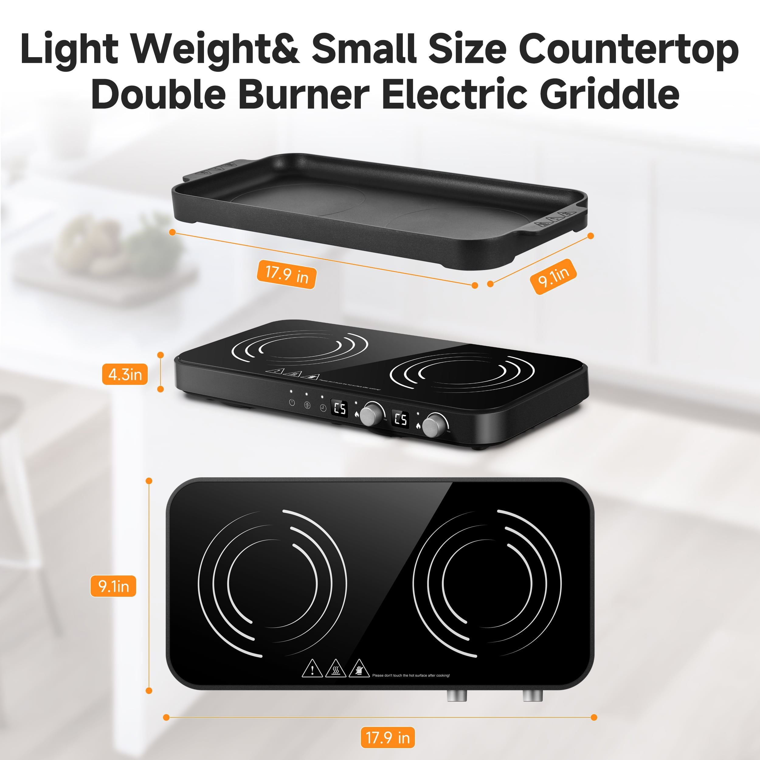 Sunmaki Portable Double Induction Cooktop with Removable Griddle Pan Non-stick, 1800W 2 burner Induction Hot Plate With Sensor Touch 9 Power Levels, 99 Min Timer,Great for Family Party