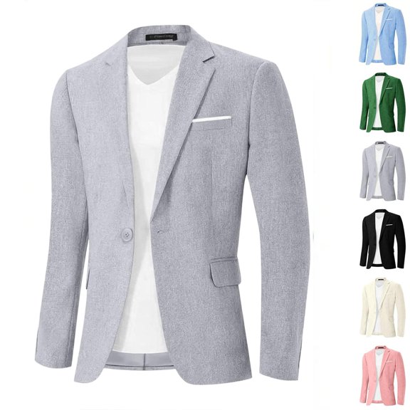 Jerdar Men's Linen Blazer Jacket Lapel Collar One Button Single Breasted Solid Color Slim Fit Long Sleeve Spring Summer Casual Business Wedding Lightweight Breathable Sport Coat Top