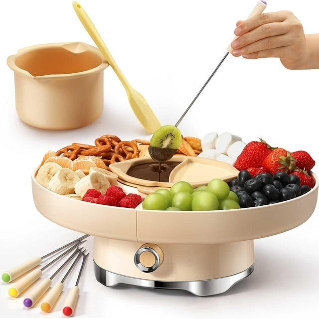 LUSHYUM - Juego de ollas para fondue de chocolate, máquina eléctrica para derretir chocolate, capacidad para 4 tazas, 4 bandejas, 5 tenedores, 1 espátula y calentador de queso, ideal como regalo para