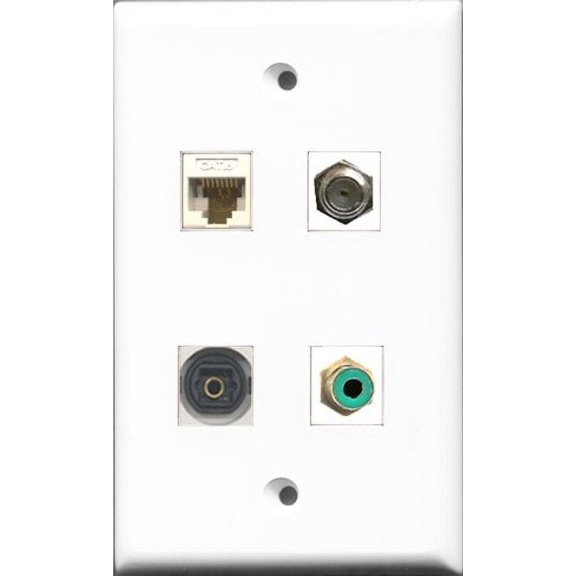 RiteAV 1 Port RCA Green and 1 Port Coax Cable TV- F-Type and 1 Port Toslink and 1 Port Cat6 Ethernet White Wall Plate