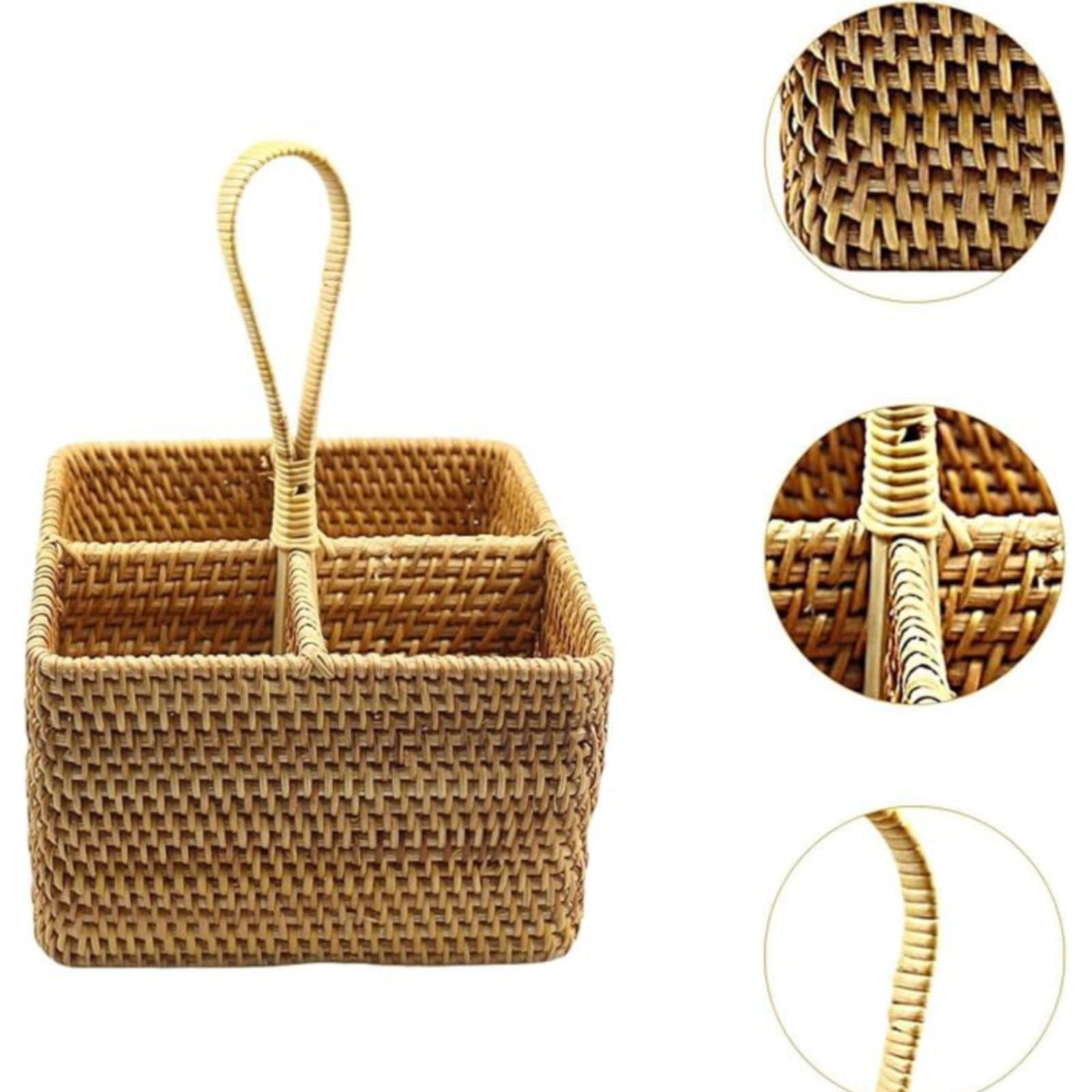 Natural Wicker Utensil Caddy with Built-in Handles，Wicker Silverware Caddy with 4 Compartments，Spoon Cutlery Holder Utensils Organizer，Condiment Organizer Silverware Holder(7.09 * 5.12 inch)