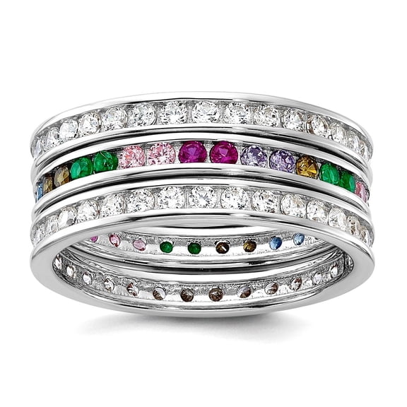 925 Sterling Silver Rhodium Plated Multi Color Cubic Zirconia 3 Band Set Size 8 Ring for Women and Men