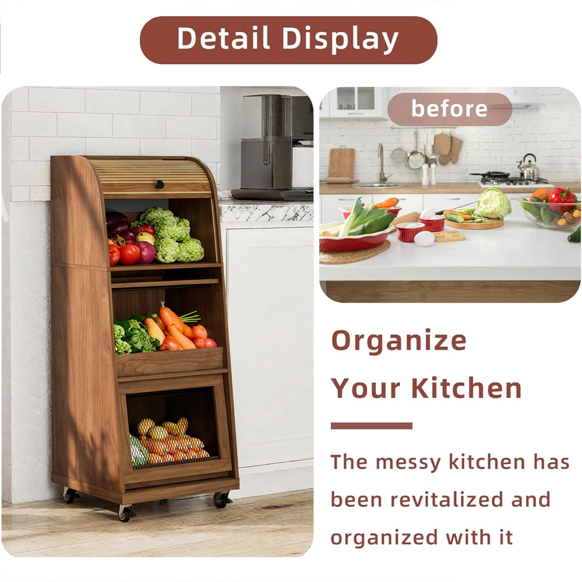 Onion and Potato Storage Bin Box, Movable Potato Bins with Sliding Door, Farmhouse Kitchen Pantry Cabinet