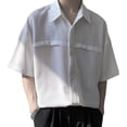 thumbnail image 1 of Camisa de media manga con cuello vuelto para hombre, Color liso, botón frontal, camisa de media manga para caballeros de verano, 1 of 8