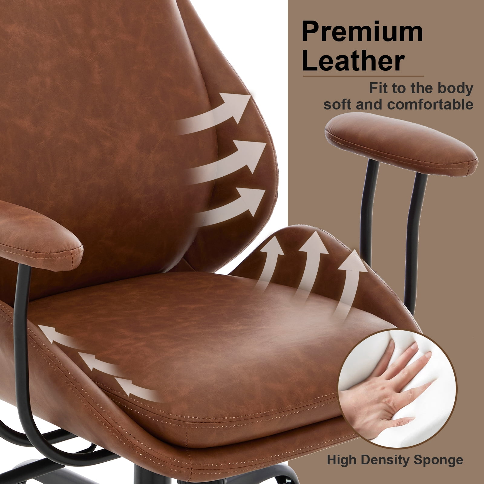 E-Motie Home Office Desk Chair, Ergonomic Computer Chair with Lumbar Support and Head Support, High Back Office Chair with Armrests, Adjustable Height, Rubber Casters, Brown Leather
