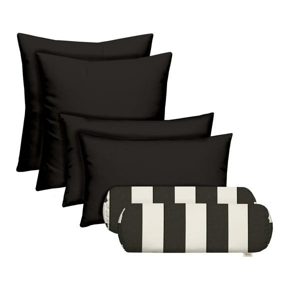 RSH DECOR: 6-Pack Pillow Set | All-Weather Spun Fabric | Square, Lumbar, & Neck Roll Pillows | Black   Striped
