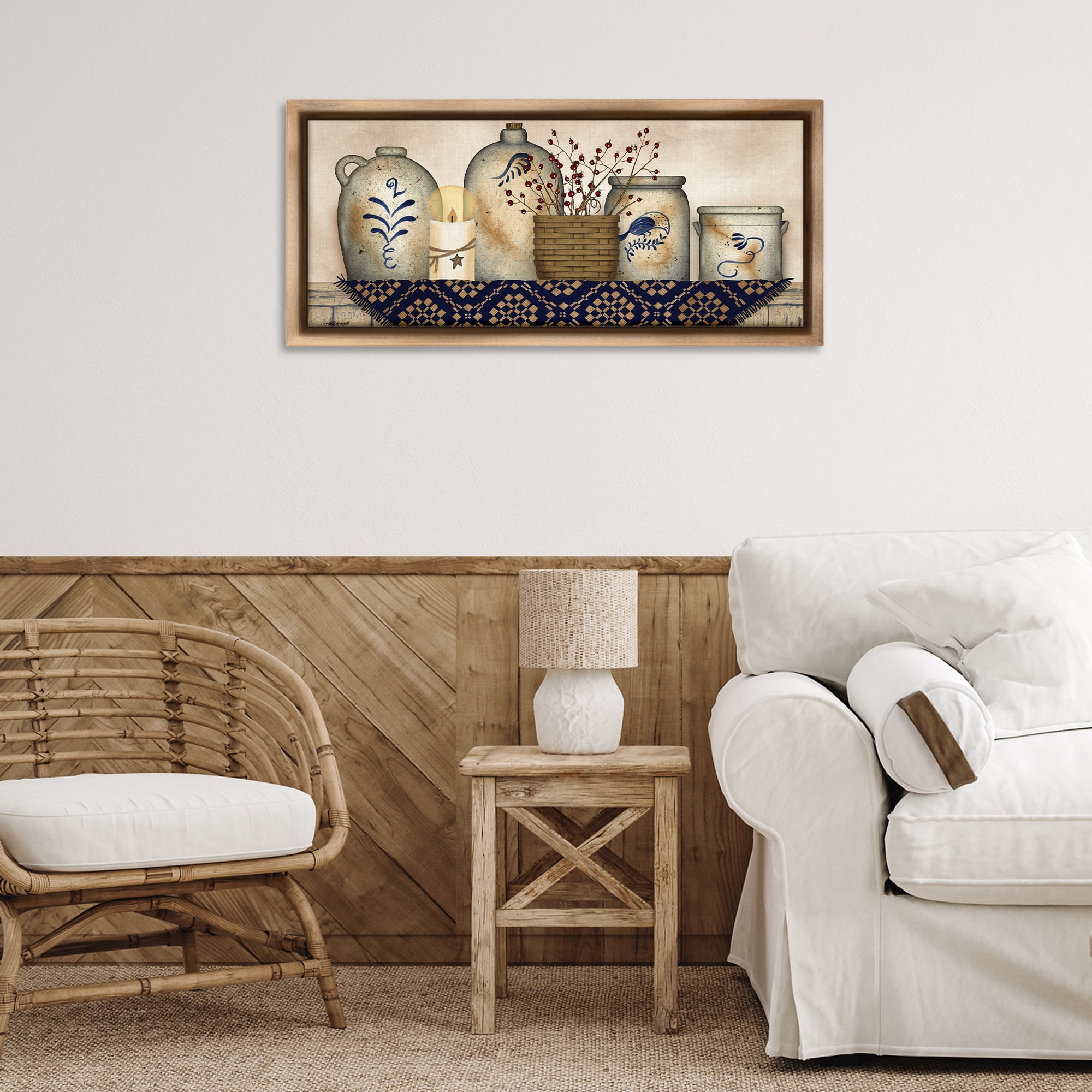 Stupell Industries Rustic Kitchen Jars Botanical & Floral Painting Brown Floater Framed Canvas Art Print Wall Art, 31 x 14