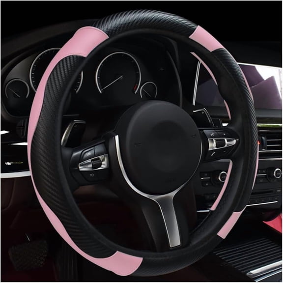 15-Inch Black & Pink Leather Breathable Anti-Slip Car Steering Wheel Cover, Universal Interior Protector