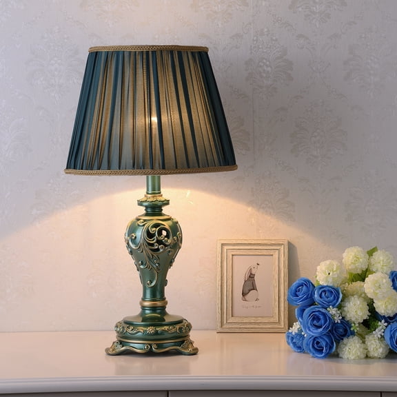 Newest Vintage Farmhouse Resin Table Lamp, Dark Green Carved Hollow Lamp with Fabric Shade, E26 LED Bulb Included Bedside Lamp for Study Foyer