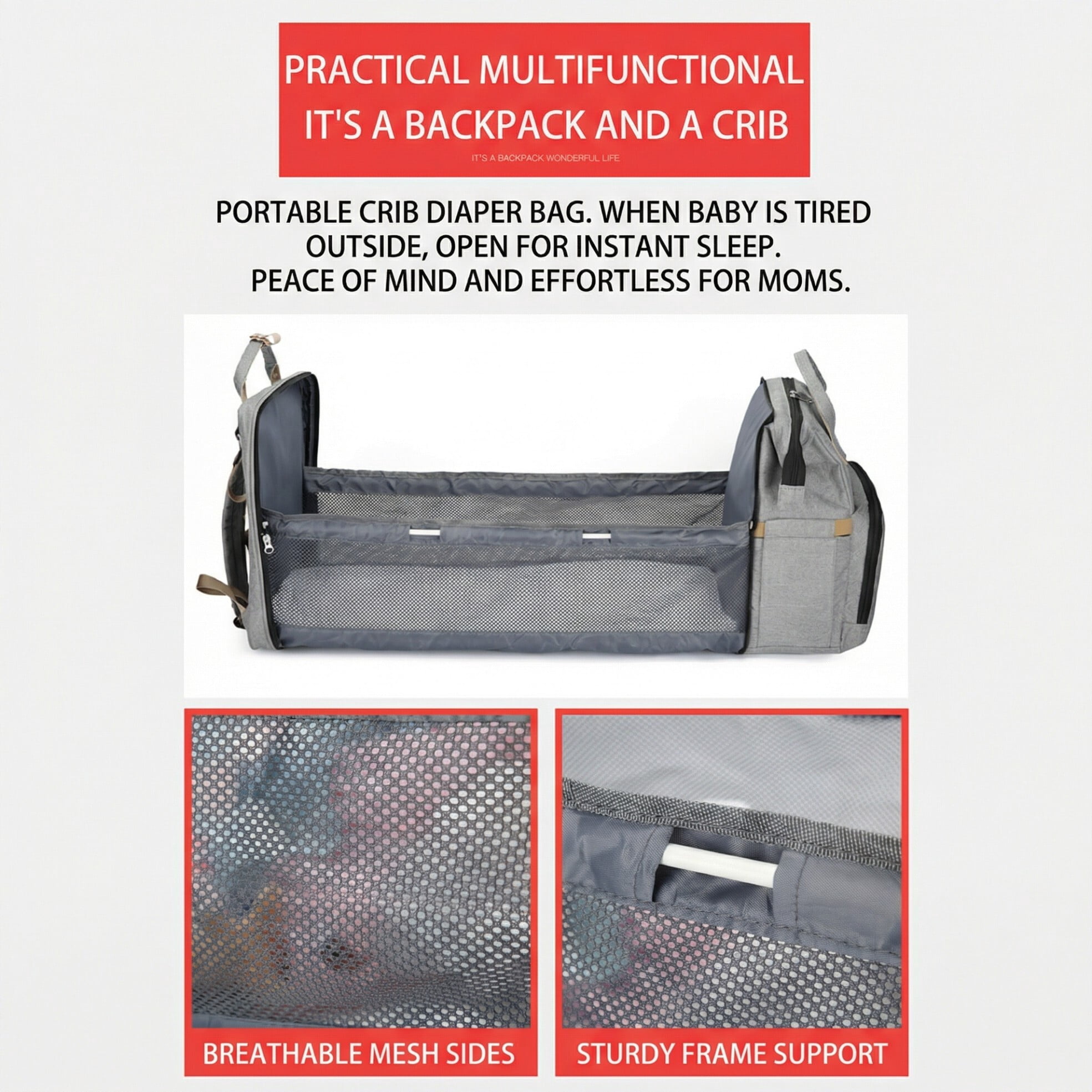 Baby diaper bag, backpack-style diaper bag, with changing pad and USB charging port, the perfect baby christening gift for mom.