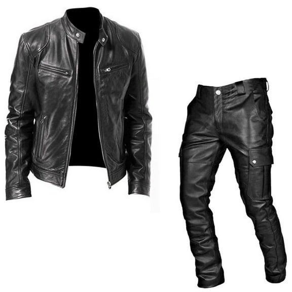 RUTAYY Men's Outfits Slim Fit Long Sleeve Solid Color Leather Coat Pants with Pocket Casual 2 Piece Trendy Beach Clothing Sets