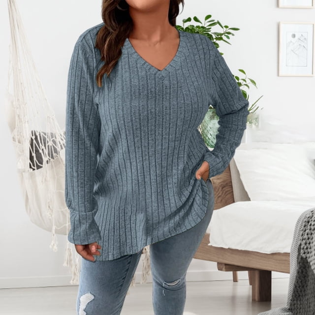 Mevxay Women Plus Size Sweater Fall Winter Ribbed Knit Tops Oversized Casual V Neck Cozy Warm Pullover Blouses Navy XL