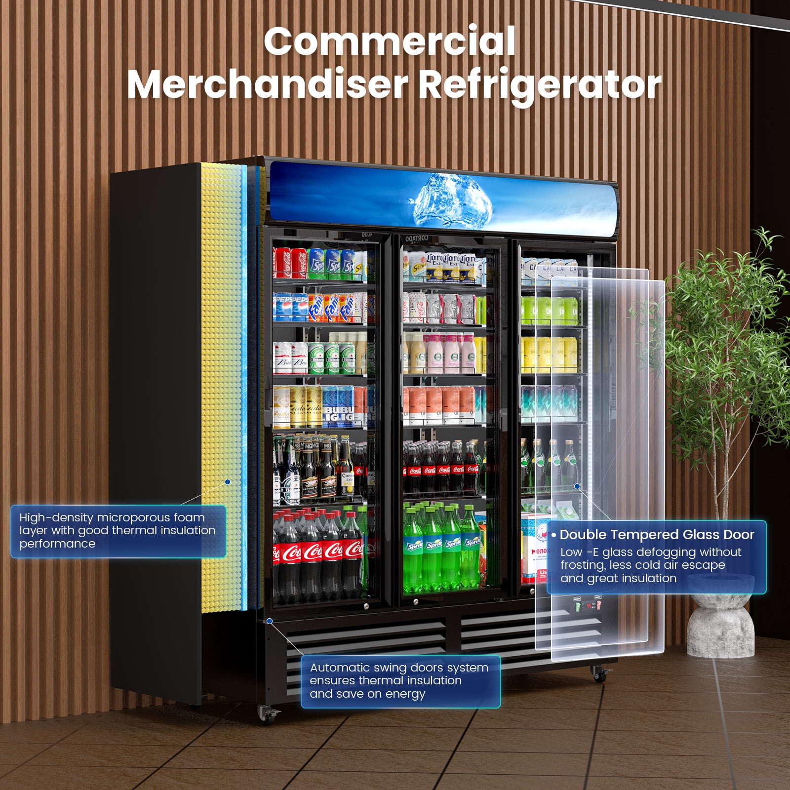 56 Cu Ft Commercial Display Fridge for Beverage,3 Glass Door Upright Refrigerator Merchandiser with Front LED Light