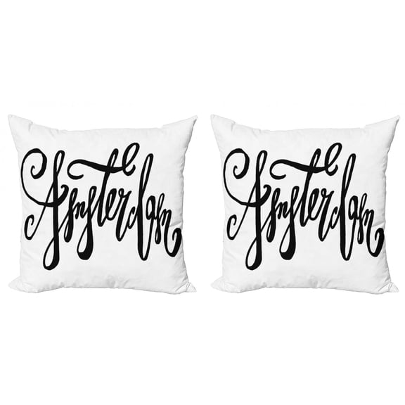 Amsterdam Throw Pillow Cushion Cover Pack of 2, Cursive and Modern Typography Drawn by Hand on a Plain Background, Zippered Double-Side Digital Print, 4 Sizes, Charcoal Grey and White, by Ambesonne