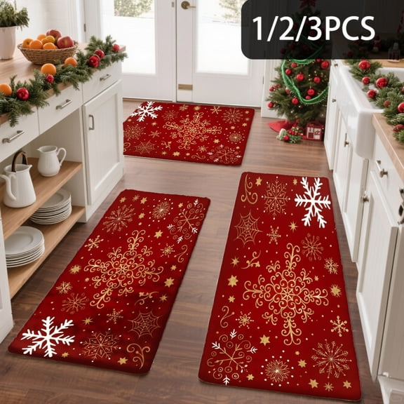 3PCS Kitchen Mat set, Welcome Door Flannel Rug,Home Decor for Front Door,Kitchen, Bathroom, Red Snowflakes And Stars Design ,Great Christmas Housewarming gift for Family and Friends.