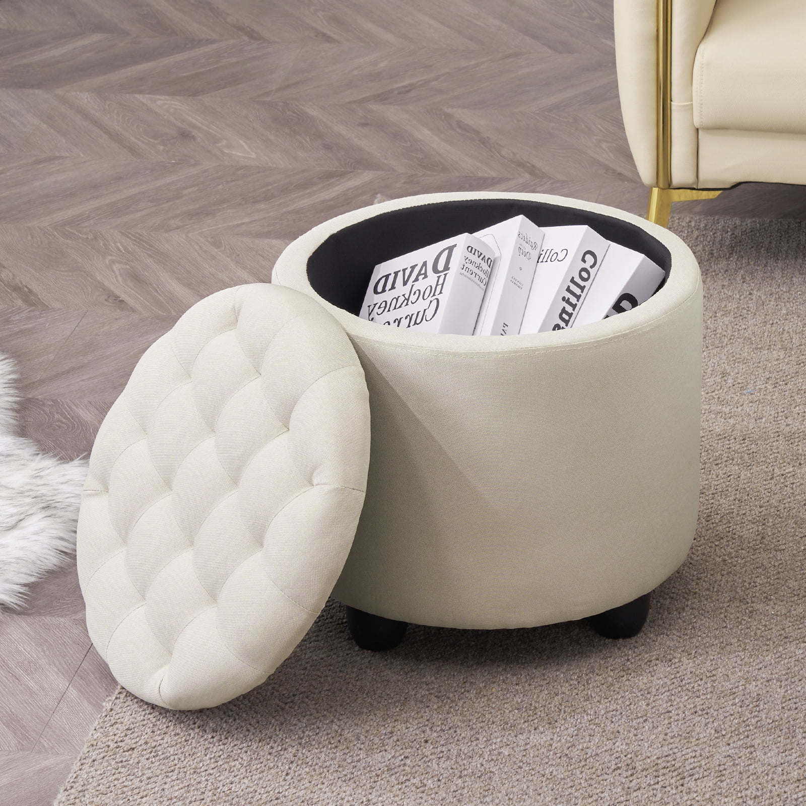 Round Storage Ottoman With Linen Upholstery - Beige Cylinder Footrest Stool For Living Room, Vanity, Bedroom