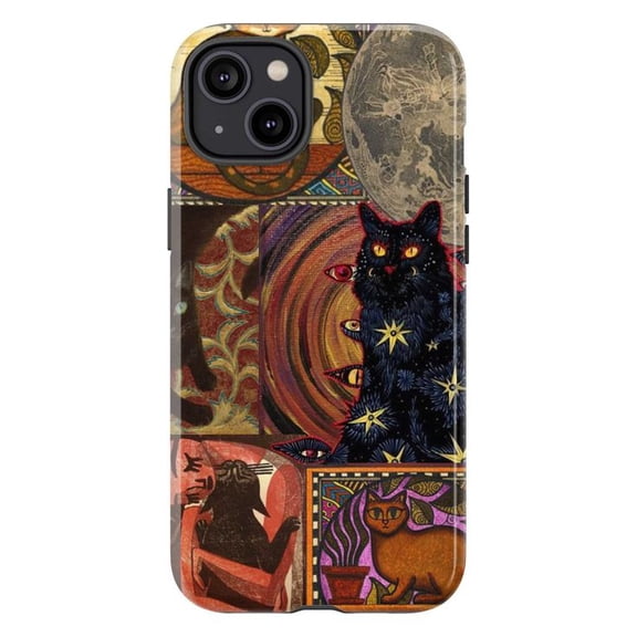 Mystic Black Cat Collage Phone Case, Vintage Occult Moon Witchcore Art Cover for iPhone 17 16 15 14 13 12 11 Pro Max Plus Mini