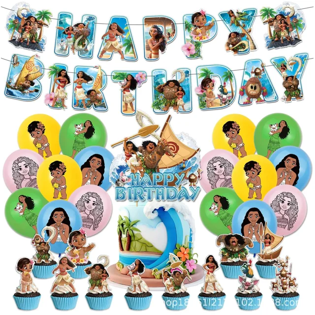 Vajilla desechable para fiesta de cumpleaños de la serie Moana, pancarta para decoración de tartas, bandera colgante, globos de Moana, decoración de cumpleaños