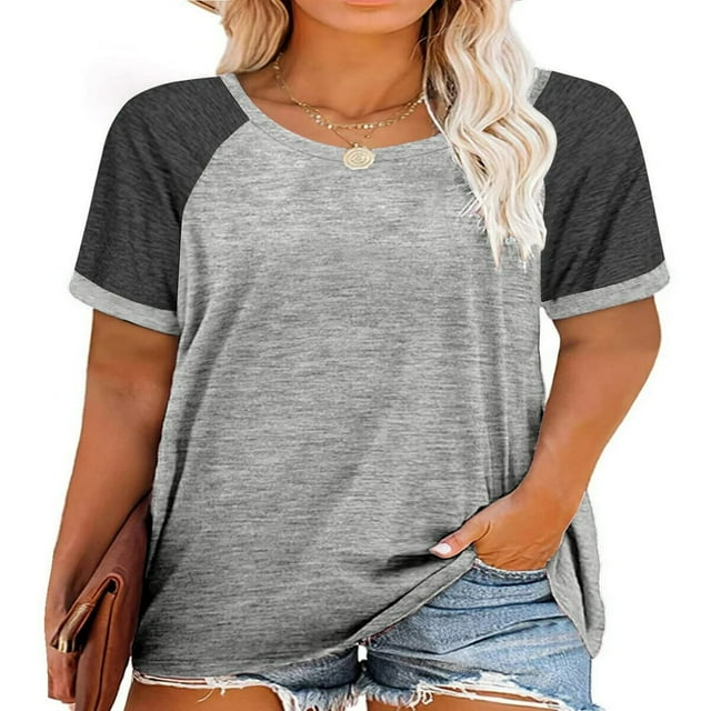 CHUANK Plus Size T Shirts for Women Color Block Tops Loose Tunics Tee Short Sleeve Blouses