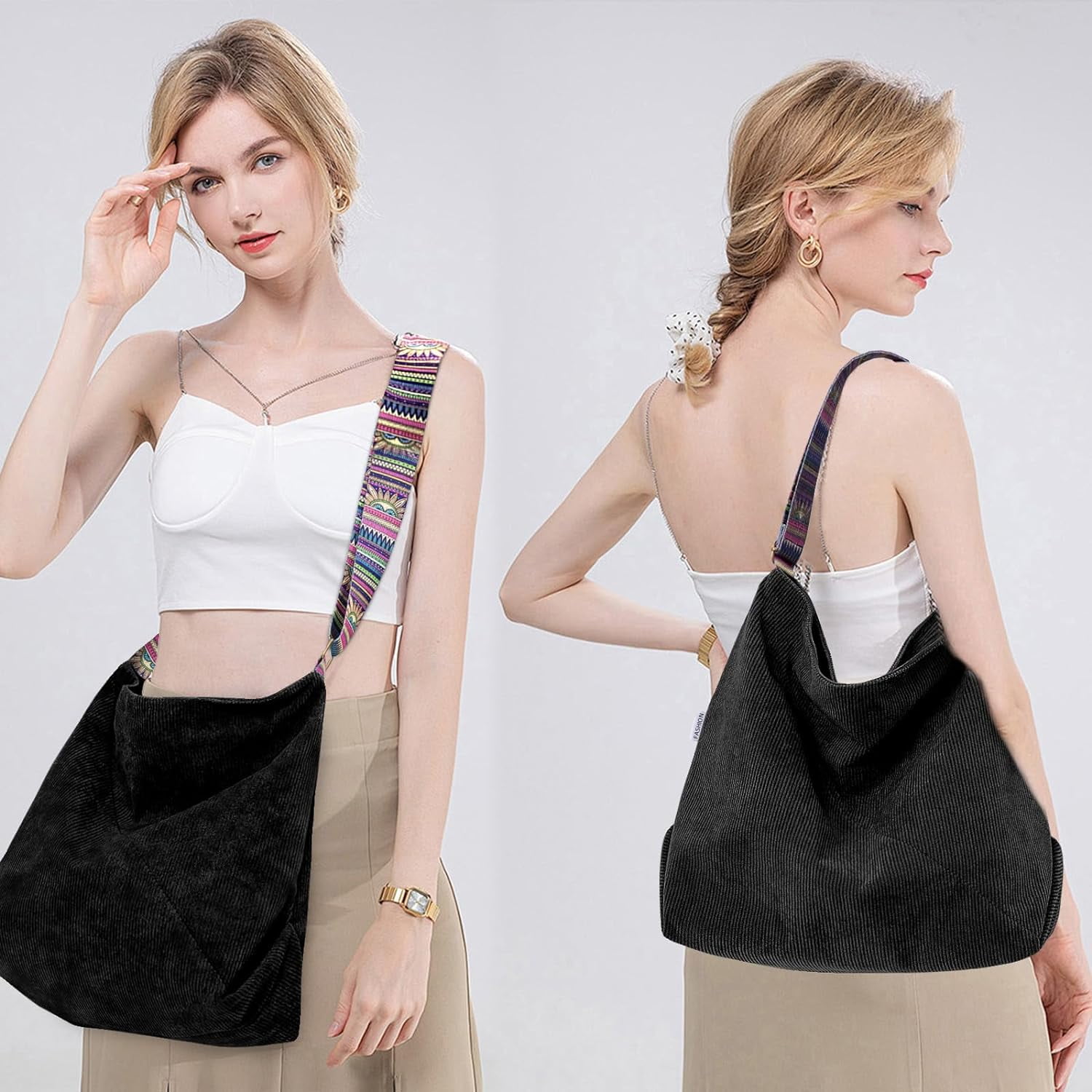 LinYooLi Corduroy Tote Bag Hobo Bags for Women Large Crossbody Bag Boho Shoulder Handbag Guitar Strap Purse