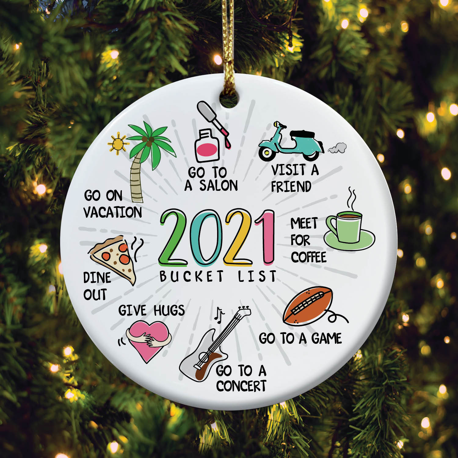Personalized Planet 2021 Bucket List Christmas Tree Ornament with COVID Humor on Porcelain Round Decoration