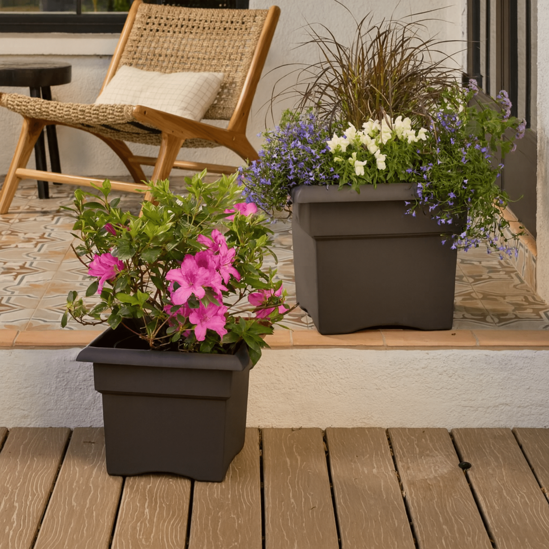 Bloem Veranda 14" Square Box Plastic Planter - UV-Resistant, Indoor/Outdoor, Peppercorn
