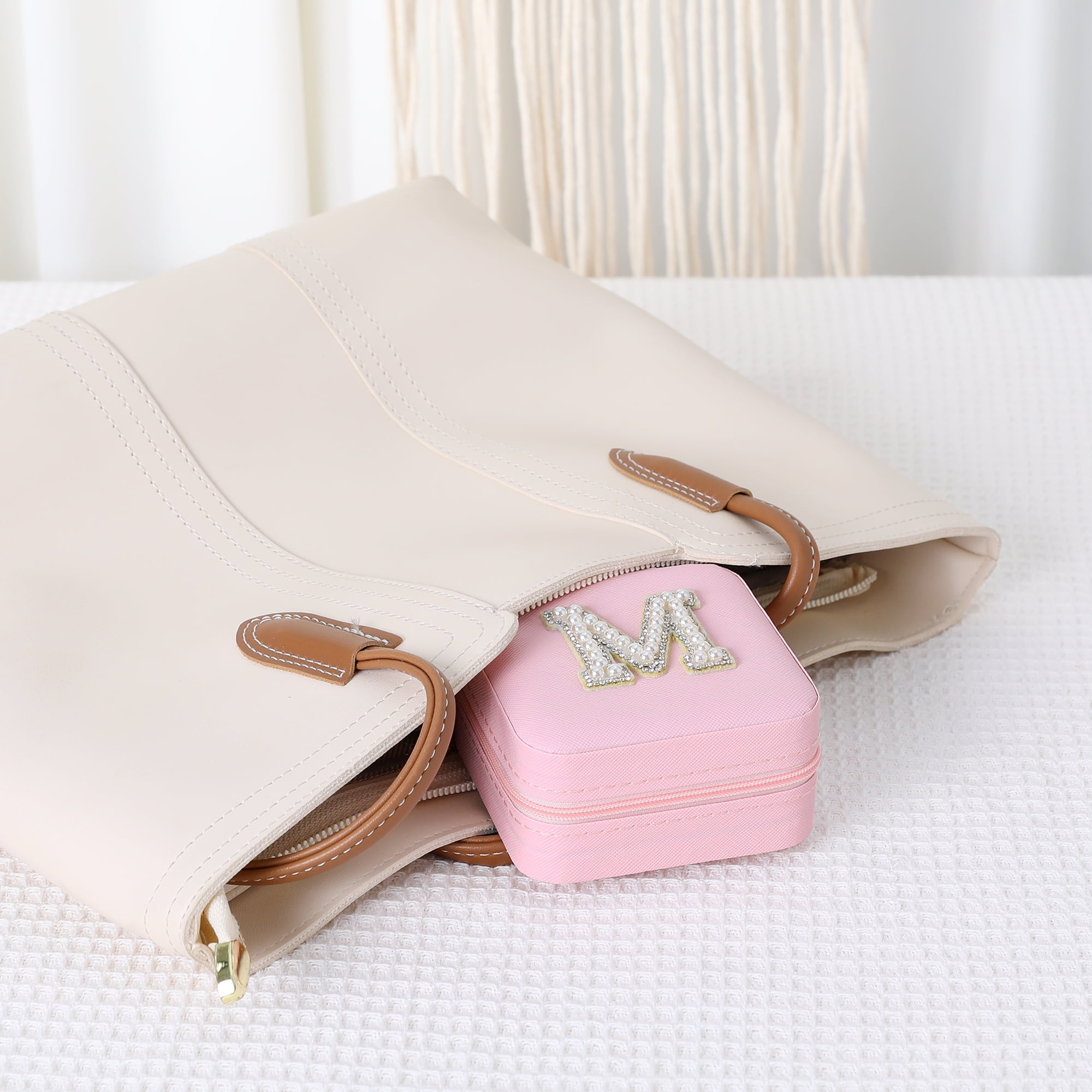 Unique Bargains Mini PU Leather Organizer Jewelry Box Storage Pink Letter M