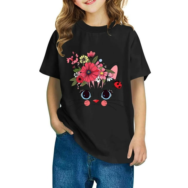 Rbaofujie T-Shirts pour Fille à Manches Courtes, Jolis T-Shirts Graphiques à Col Rond, Imprimé de Chat de Dessin Animé, Hauts d'Été