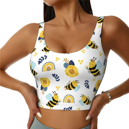 Cauagu Bees And Rainbows Pattern Sports Bras for Women Round Neck Sports Bra Workout Crop Tank Tops Padded with Built in Shelf-Large