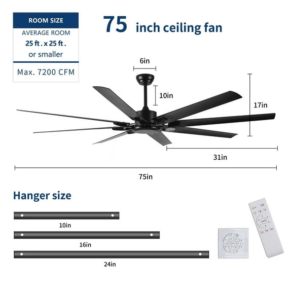 Miniyam 75 inch Industrial DC Motor Ceiling Fan No light, Large Ceiling Fan with 8 Reversible Blades, 3 Downrods, 6-Speed Remote Control, Home or Commercial Ceiling Fans for Porch/Garage/Shop, Black