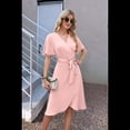 thumbnail image 4 of Vestido Cruzado para Mujer, Cuello en V, Corta, Lazo en la Cintura, Volantes, Abertura, Vestido Informal Midi, Rosa, Talla L, 4 of 9