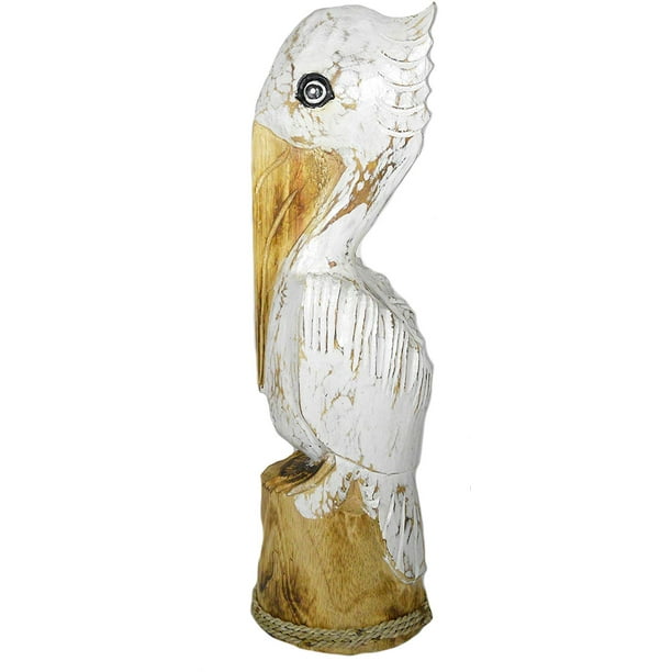 Hand Carved Wood White Pelican Nautical Statue Art