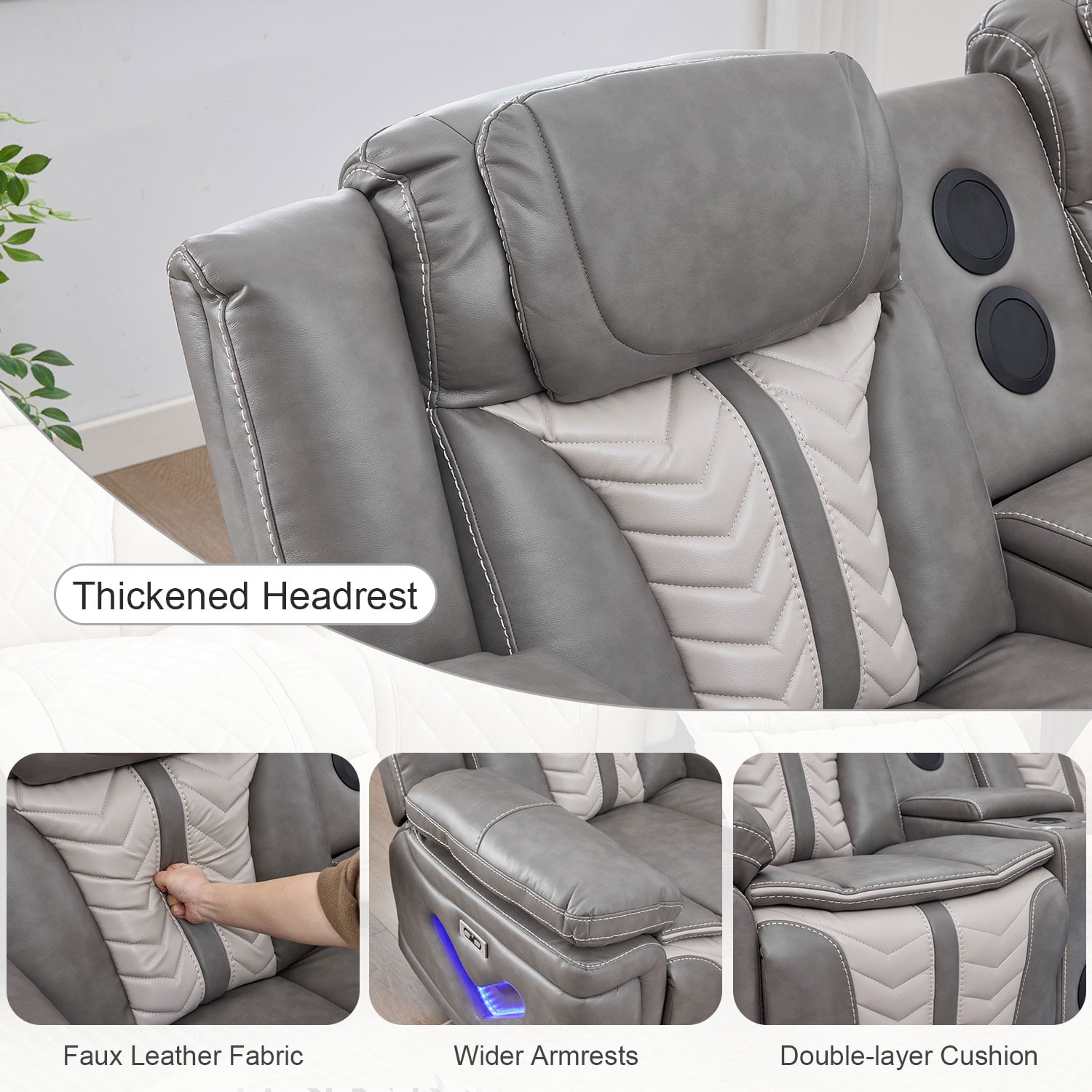 Power Reclining L-Shaped Sectional Sofa with LED Lights, Speakers, Cup Holders, Grey Faux Leather