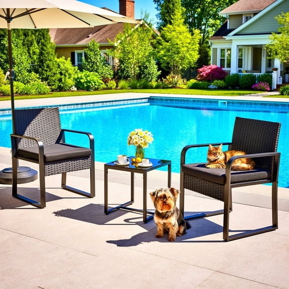 Aiho 3 Pieces Outdoor Bistro Set with Glass Table, Patio Rattan Furniture Set with Soft Cushions for Balcony, Backyard, Garden, Pool, Black
