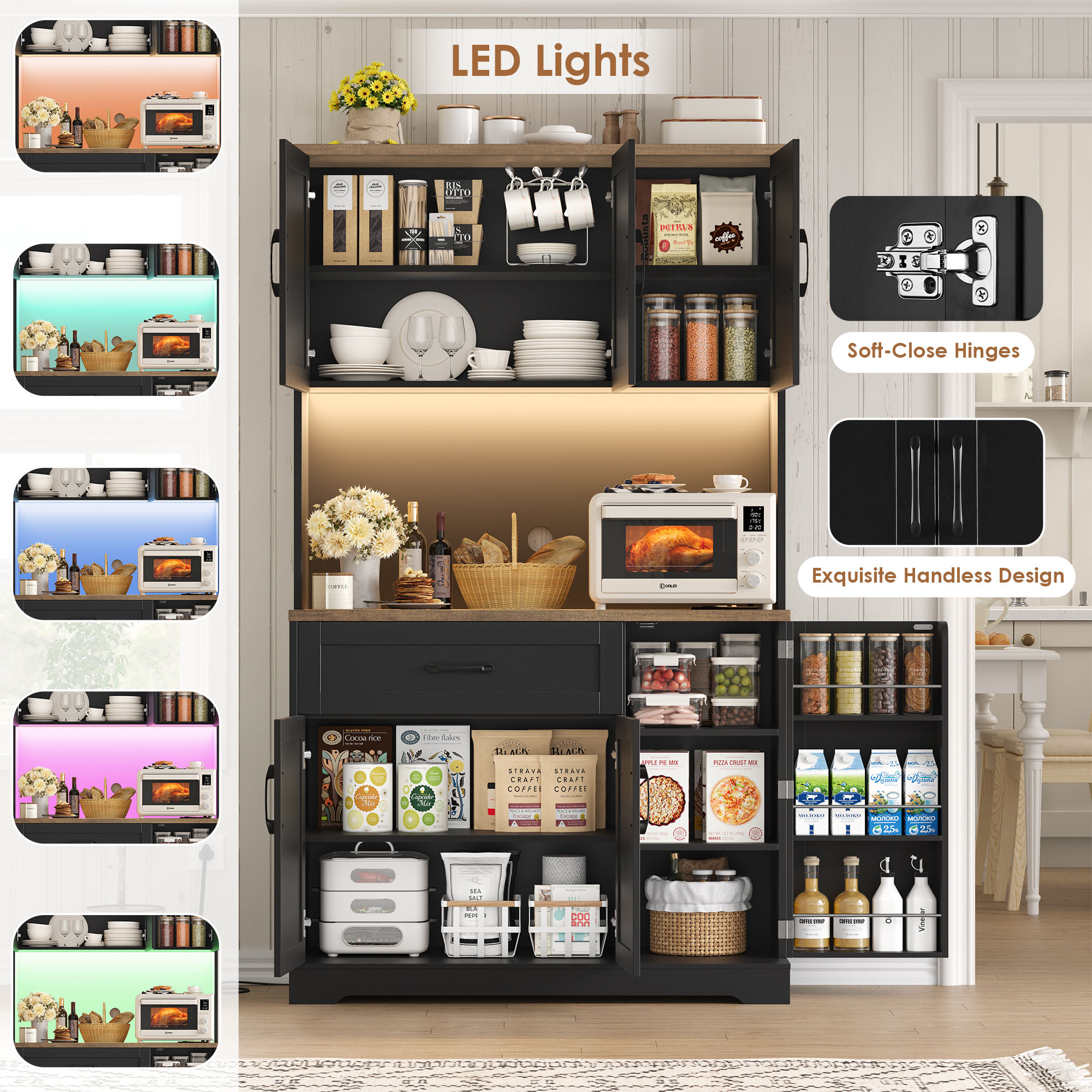 Hiphuta 71”Tall Modern Pantry Cabinet with Power Outlet & LED, Freestanding Kitchen Hutch Cabinet for Dining Room, Black