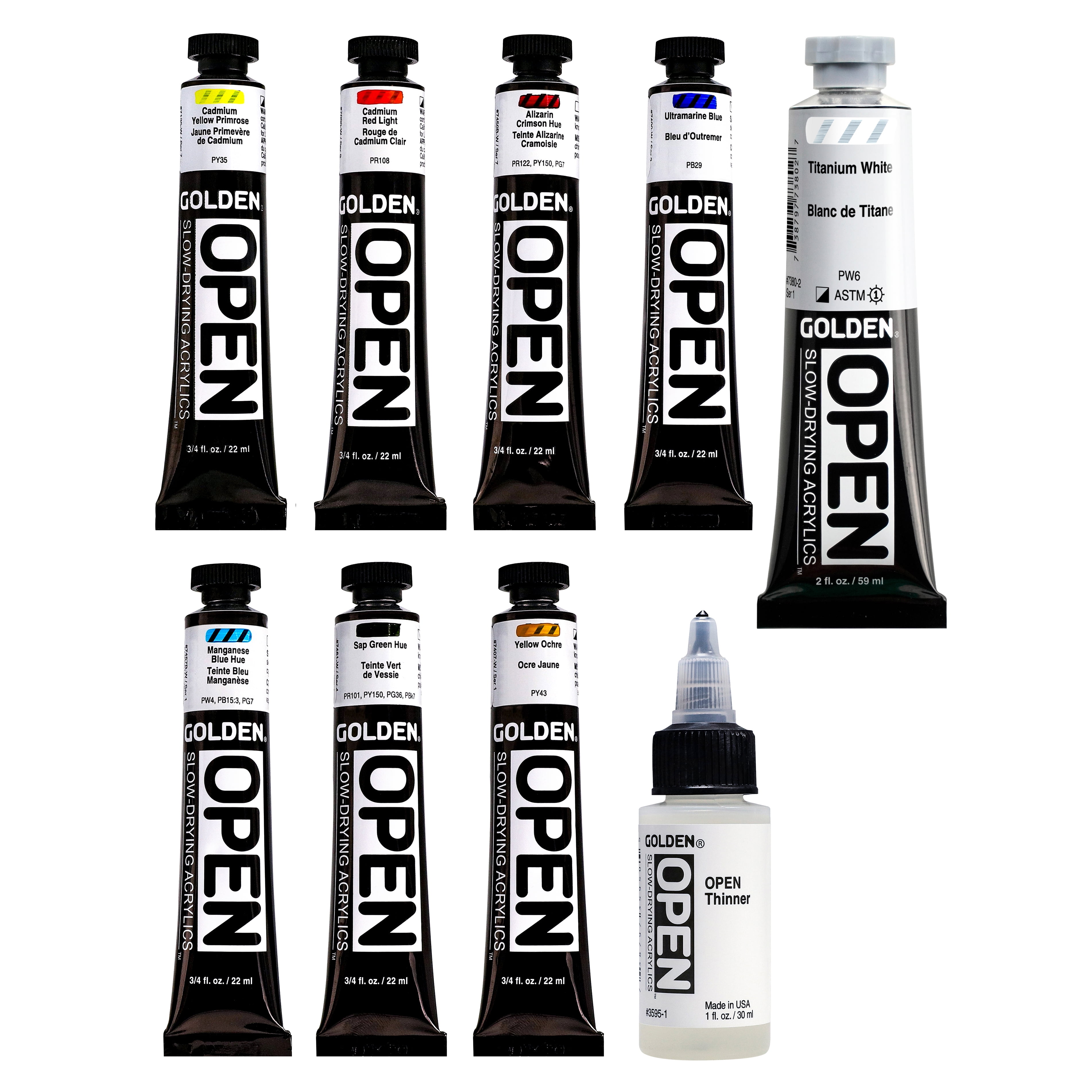 Golden Open Acrylics - Set of 7, Landscape Colors with Thinner, 22 ml