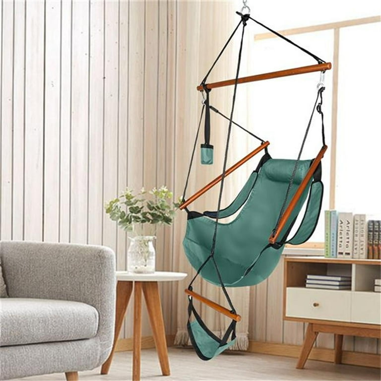 Hanging Chair Green Oxford Cloth Hardwood With Cup Holder Wooden Stick Perforated 220.46lbs Capacity Seaside Courtyard