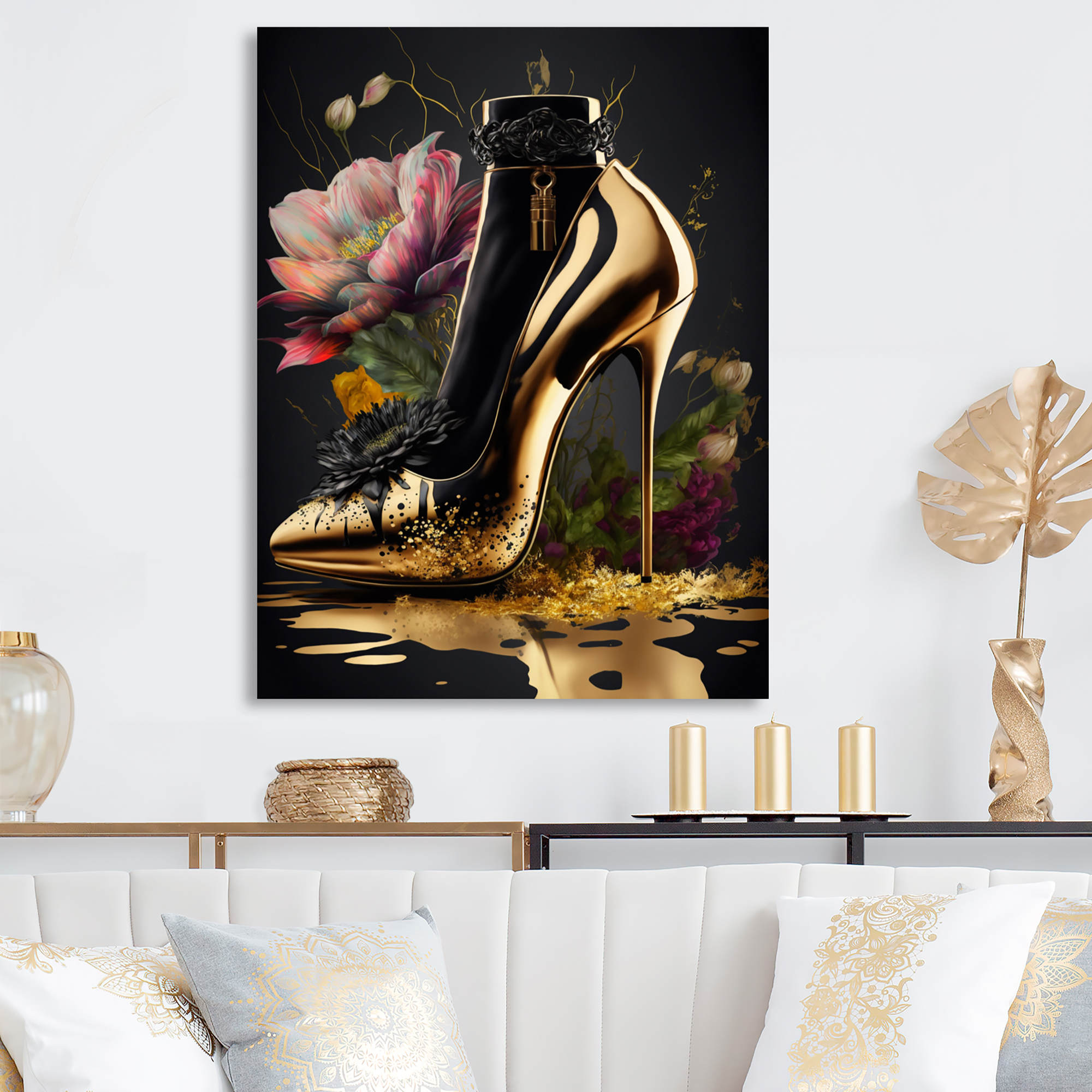 Designart Golden Floral High Heel II Canvas Wall Art